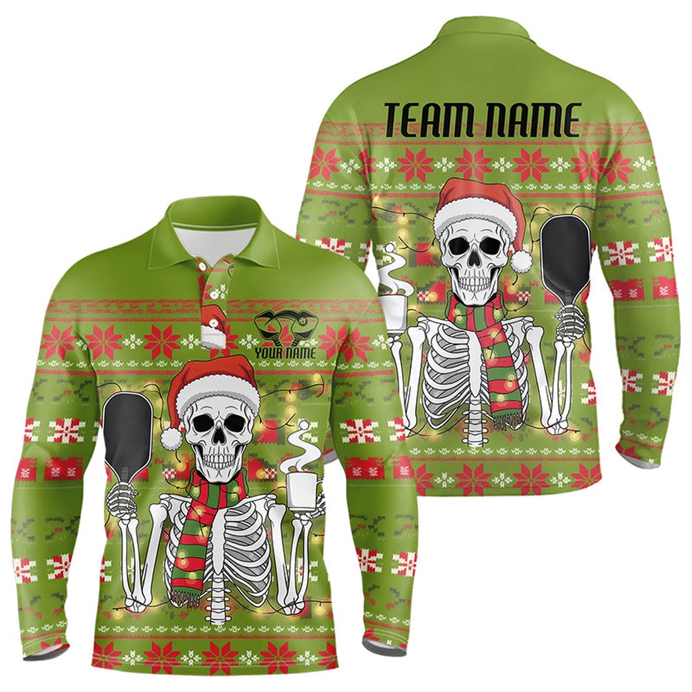 Funny Custom Ugly Sweater Pattern Skull Christmas Pickleball Long Sleeve Polo Shirts For Men, Pickleball Polo Shirts Funny Custom Ugly Sweater Pattern Skull Christmas Pickleball Long Sleeve Polo Shirts For Men, Pickleball Polo Shirts
