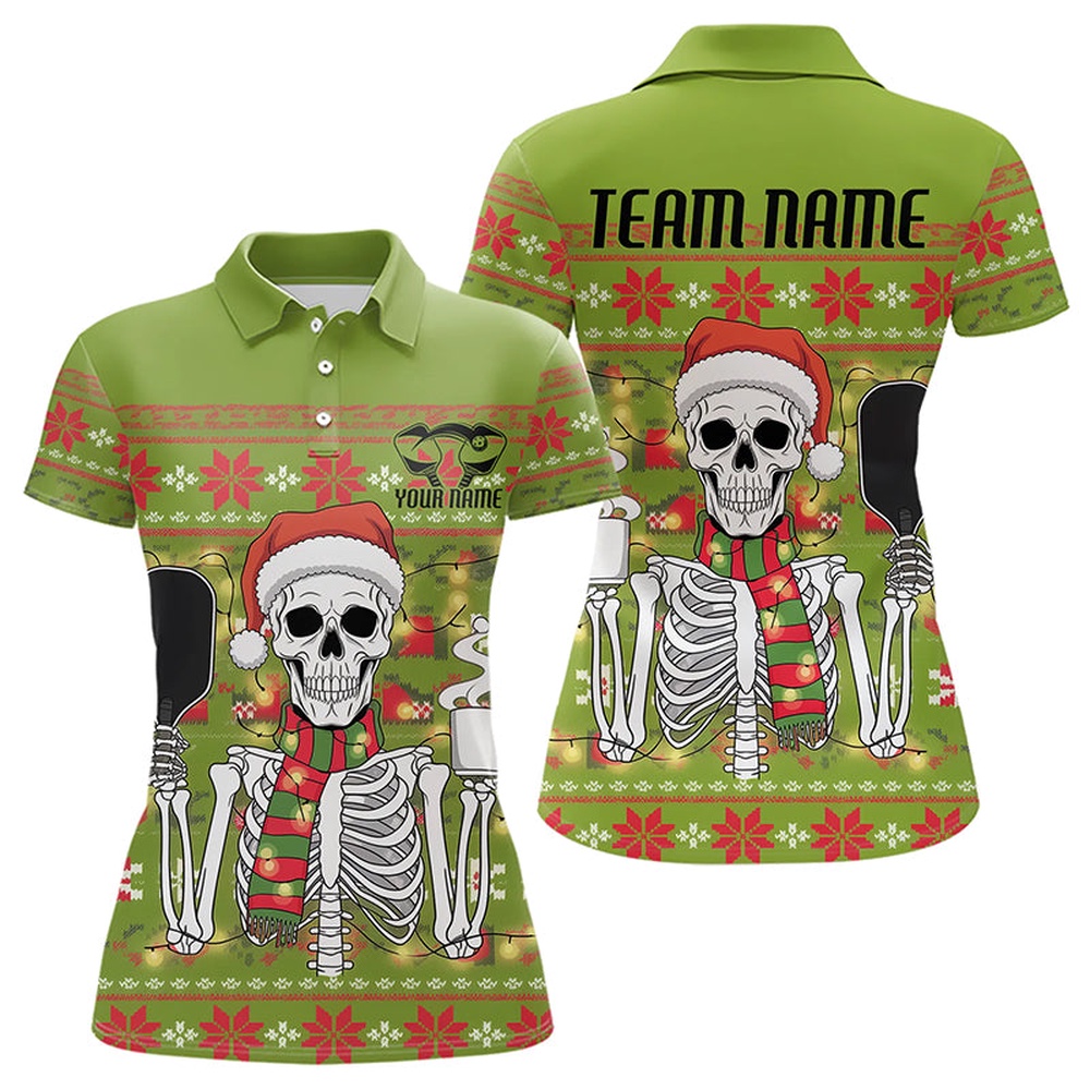Funny Custom Ugly Sweater Pattern Skull Christmas Pickleball Polo Shirts For Women, Pickleball Polo Shirts