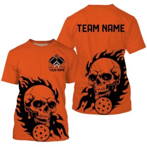 Orange Custom Flame Skull Pickleball T-Shirts For&hellip;