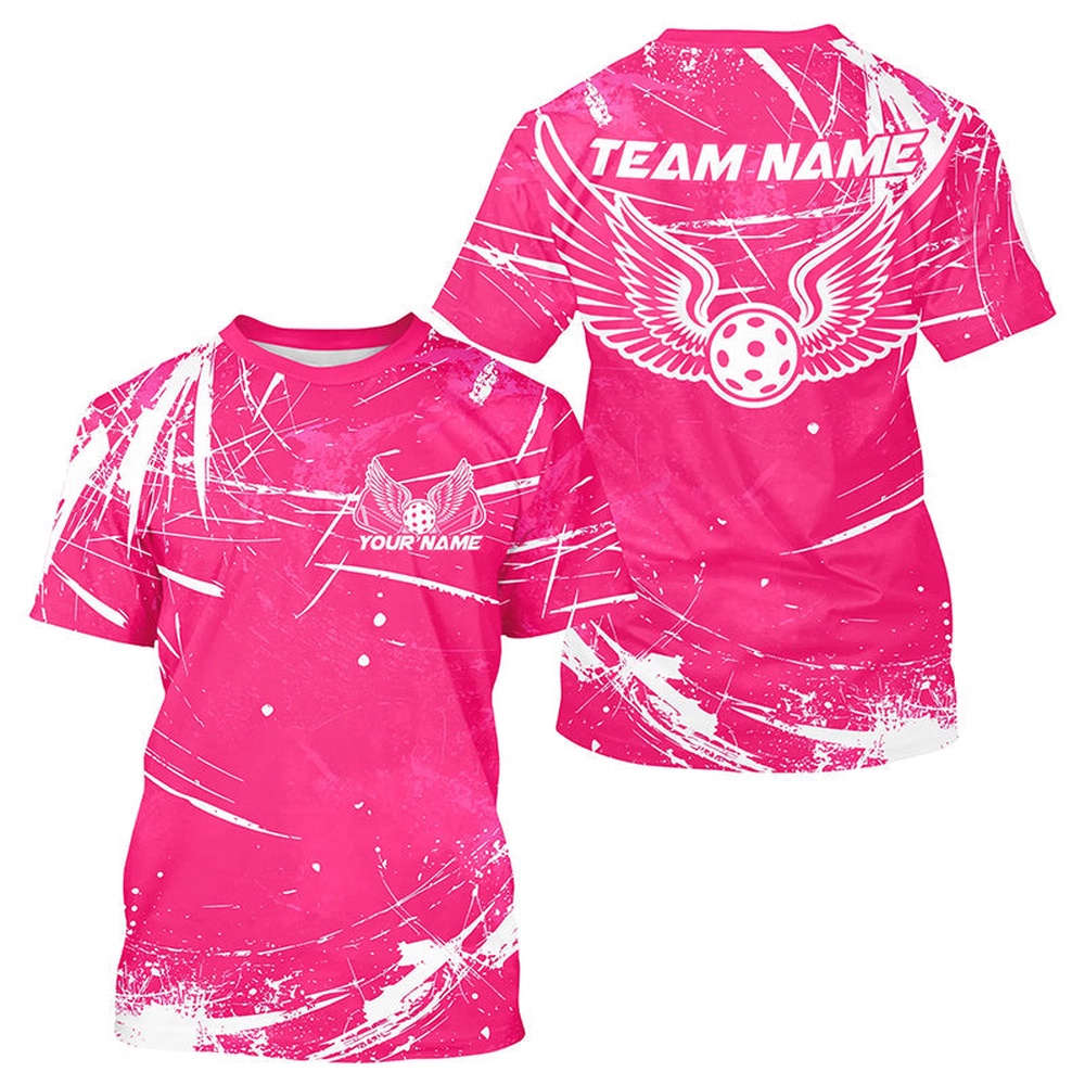 Pink And White Custom Pickleball Wings T-Shirts For Men, Pickleball Tournament Team
