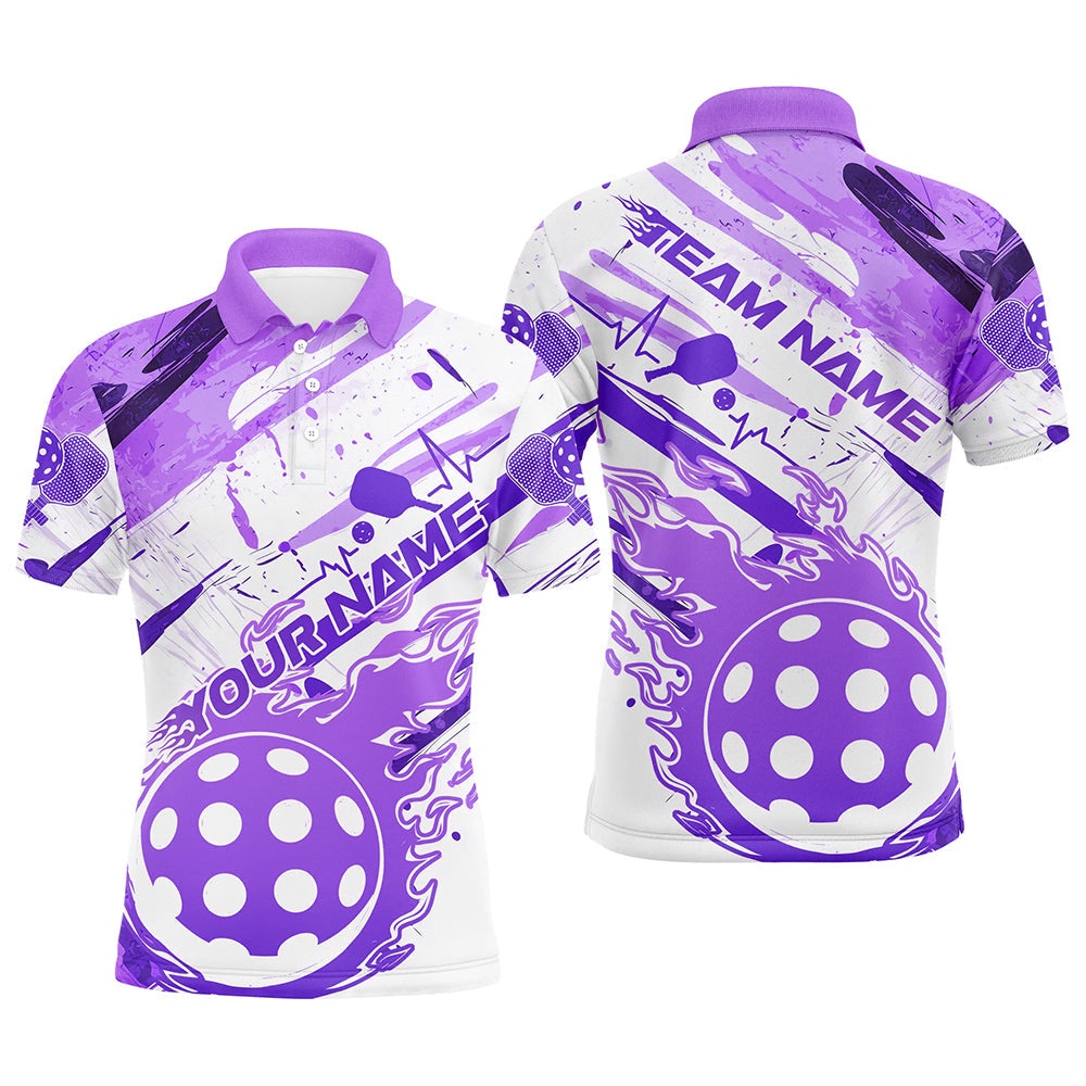 Purple Flame Pickleball Ball Custom Pickleball Polo Shirts For Men, Outdoor Pickleball Polo Shirts, Pickleball Polo Shirts