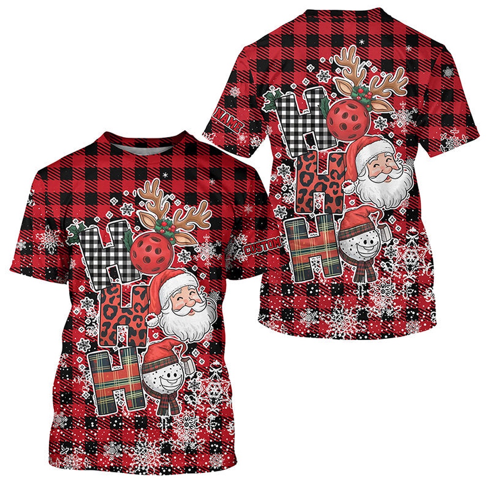 Red Plaid Ho Ho Ho Christmas Pickleball Custom T-Shirts For Men And Women, Christmas Pickleball Outfits Gifts