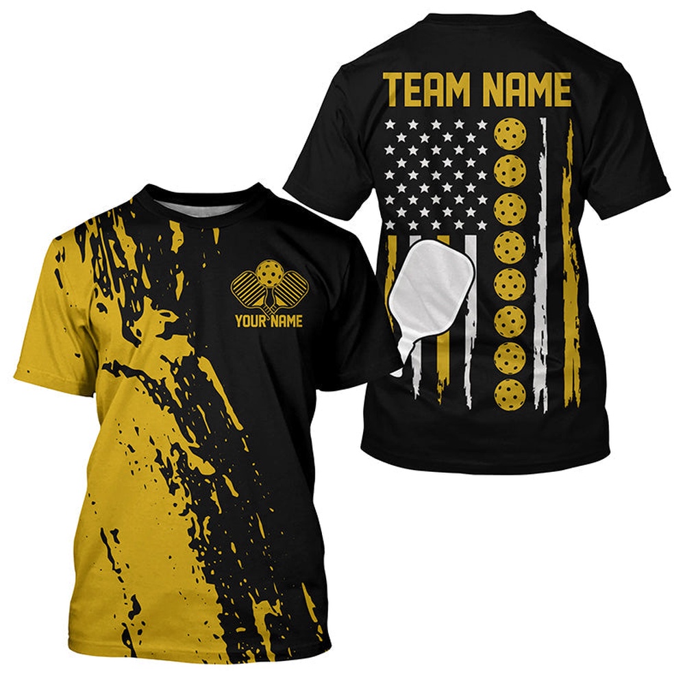 Yellow Thin Line American Pickleball Flag Custom US Pickleball T-Shirts For Men, Patriotic Pickleball Shirt