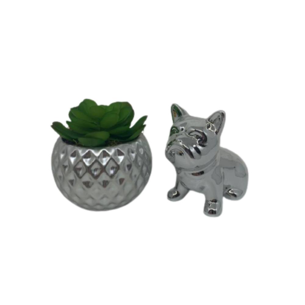 Conjunto decorativo vaso com trabalhado geométrico e Bulldog prata