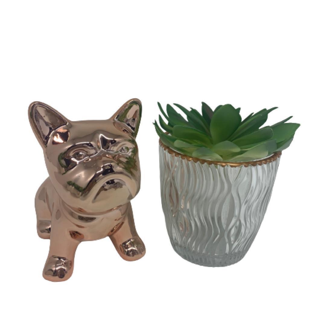Conjunto decorativo vaso de vidro e bulldog rose gold