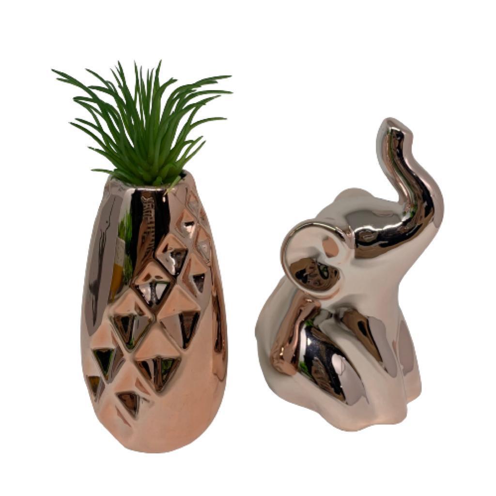 Conjunto decorativo vaso rose gold geométrico e elefante 3D