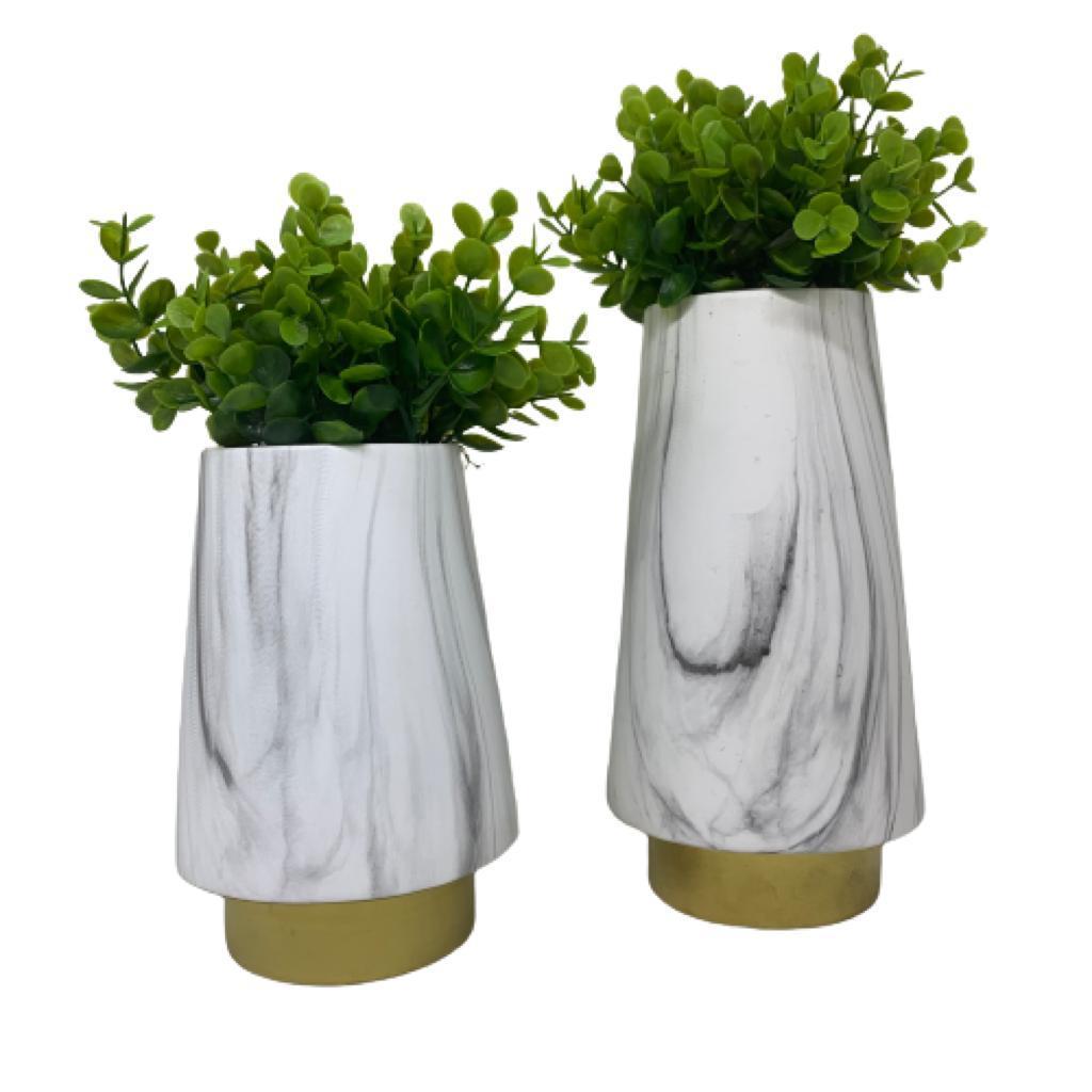 Conjunto vaso cerâmico marmorizado luxo com planta