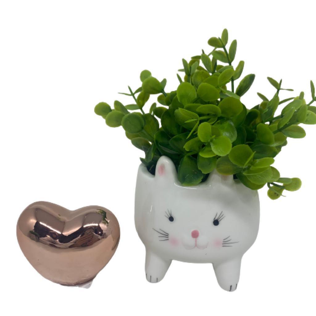 Conjunto vaso gatinho com planta e mini coração rose gold