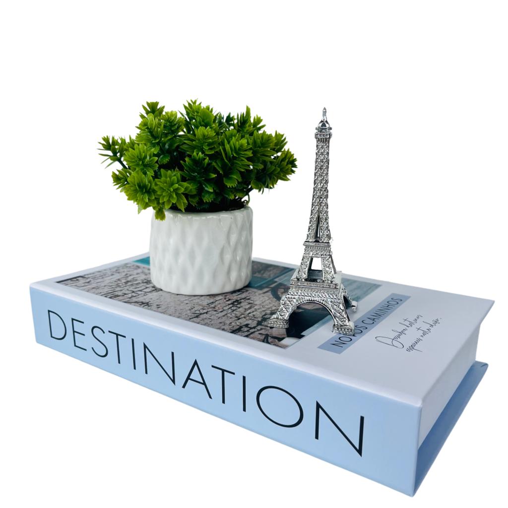 Decoração livro porta objetos + vaso branco + torre Eiffel