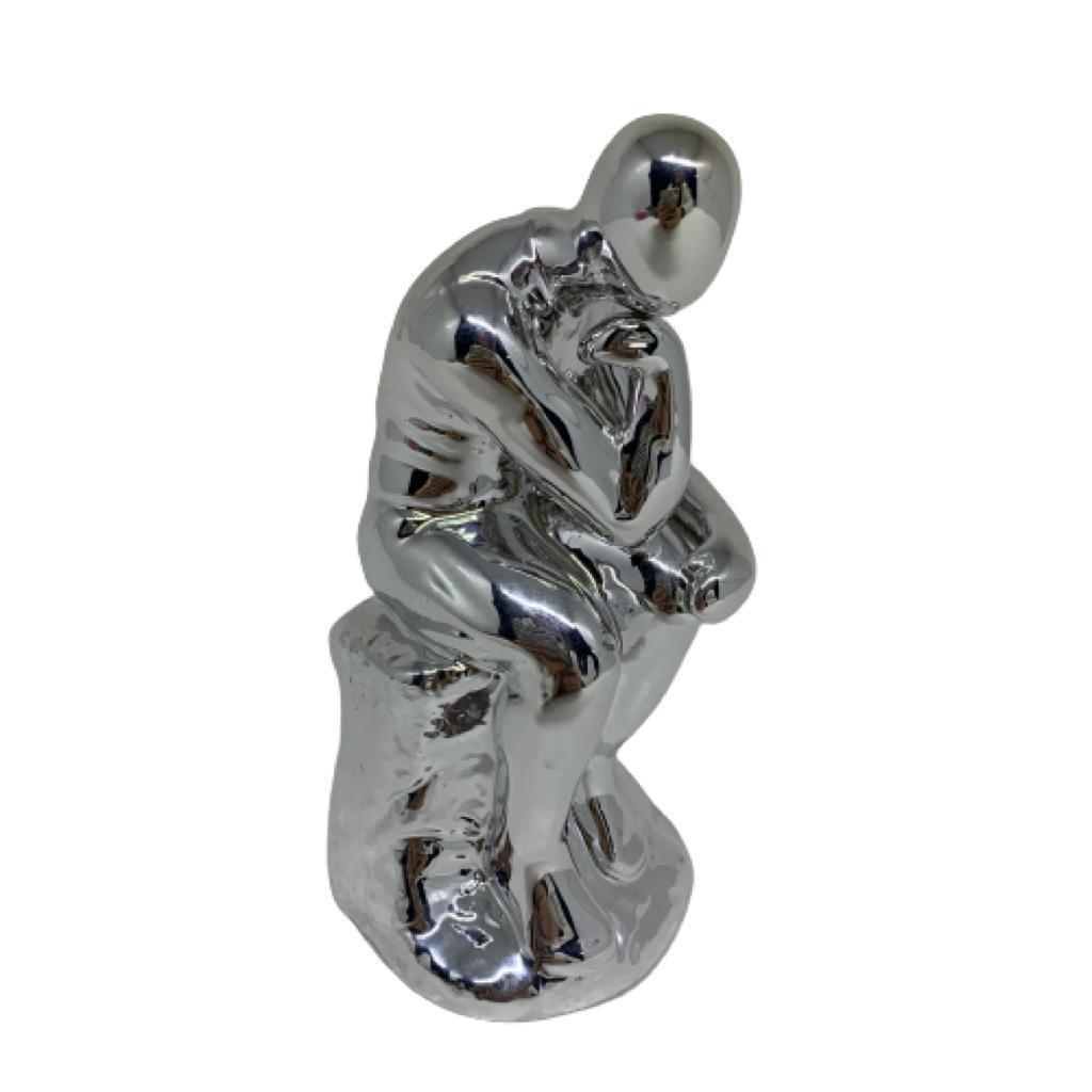 Escultura decorativa homem pensador prata de cerâmica