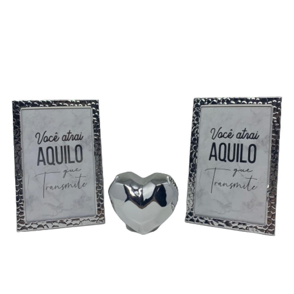 Kit decorativo coração geométrico e dois porta retrato prata