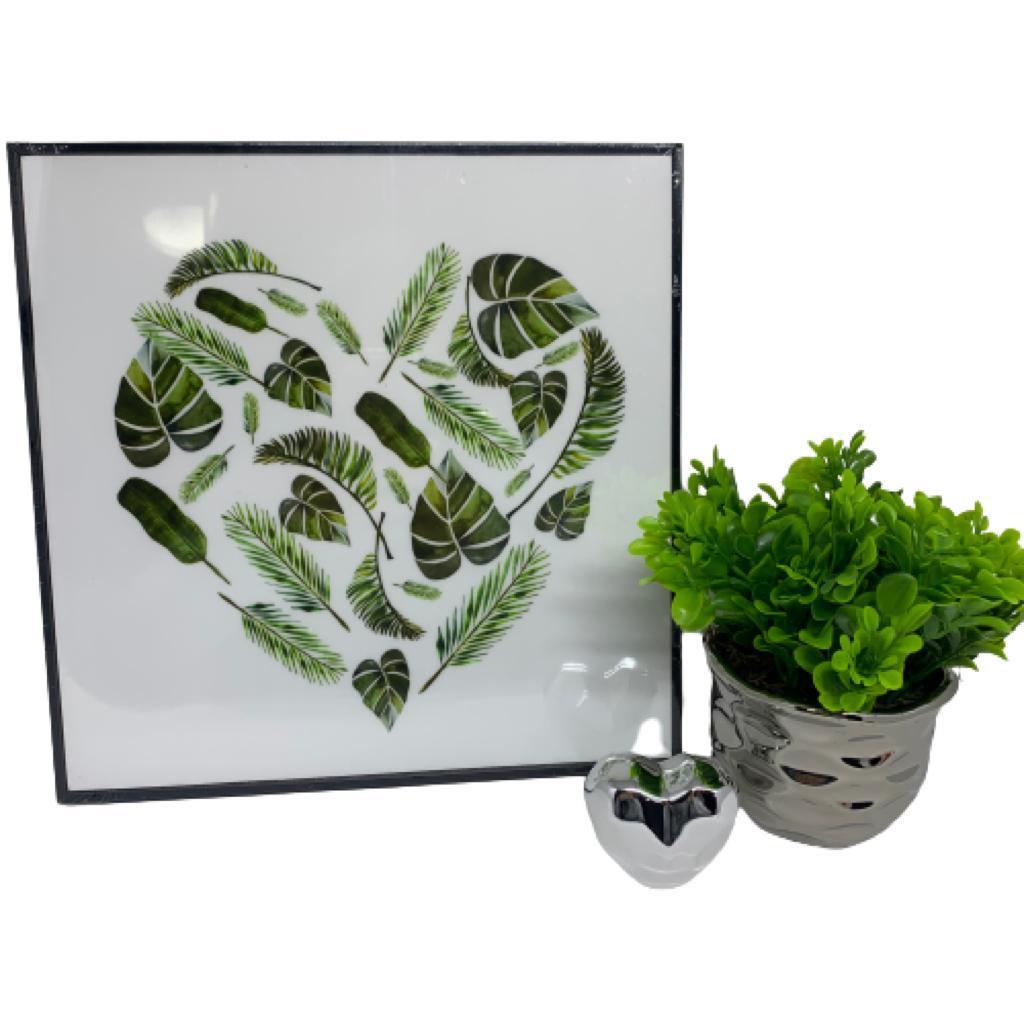 Kit decorativo quadro, vaso prata 3d e coração geométrico