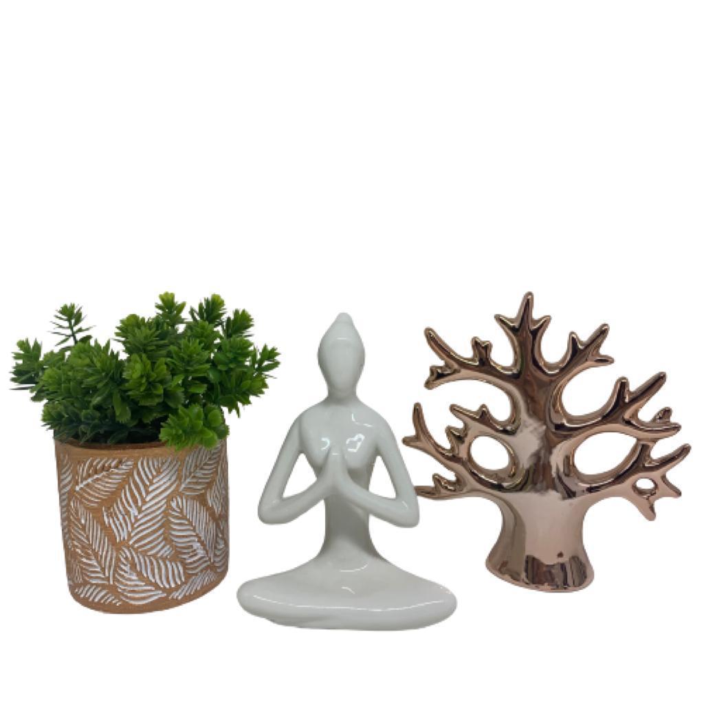Kit decorativo vaso estampa folha, mulher meditando e árvore