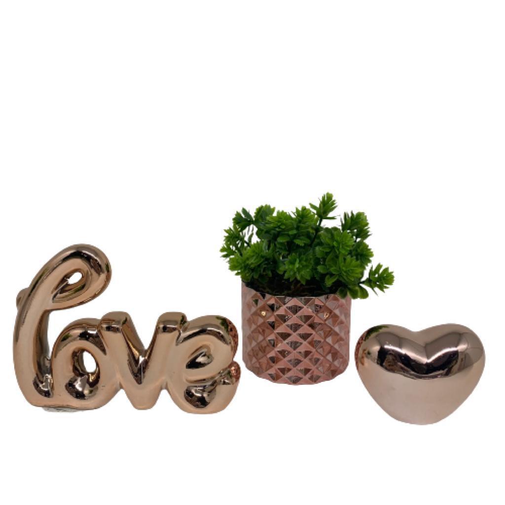 Kit decorativo vaso geométrico, coração rose e palavra love
