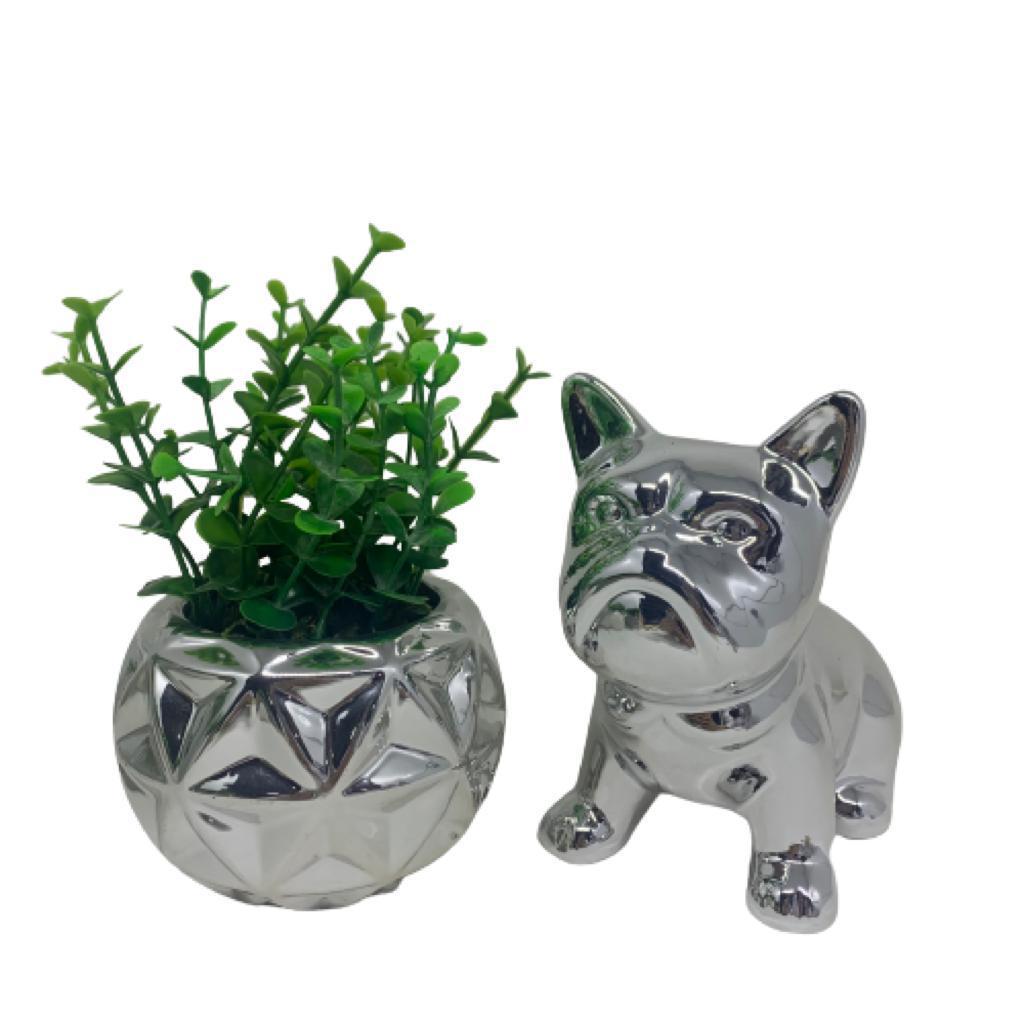 Kit decorativo vaso trabalhado 3D prata e bulldog médio