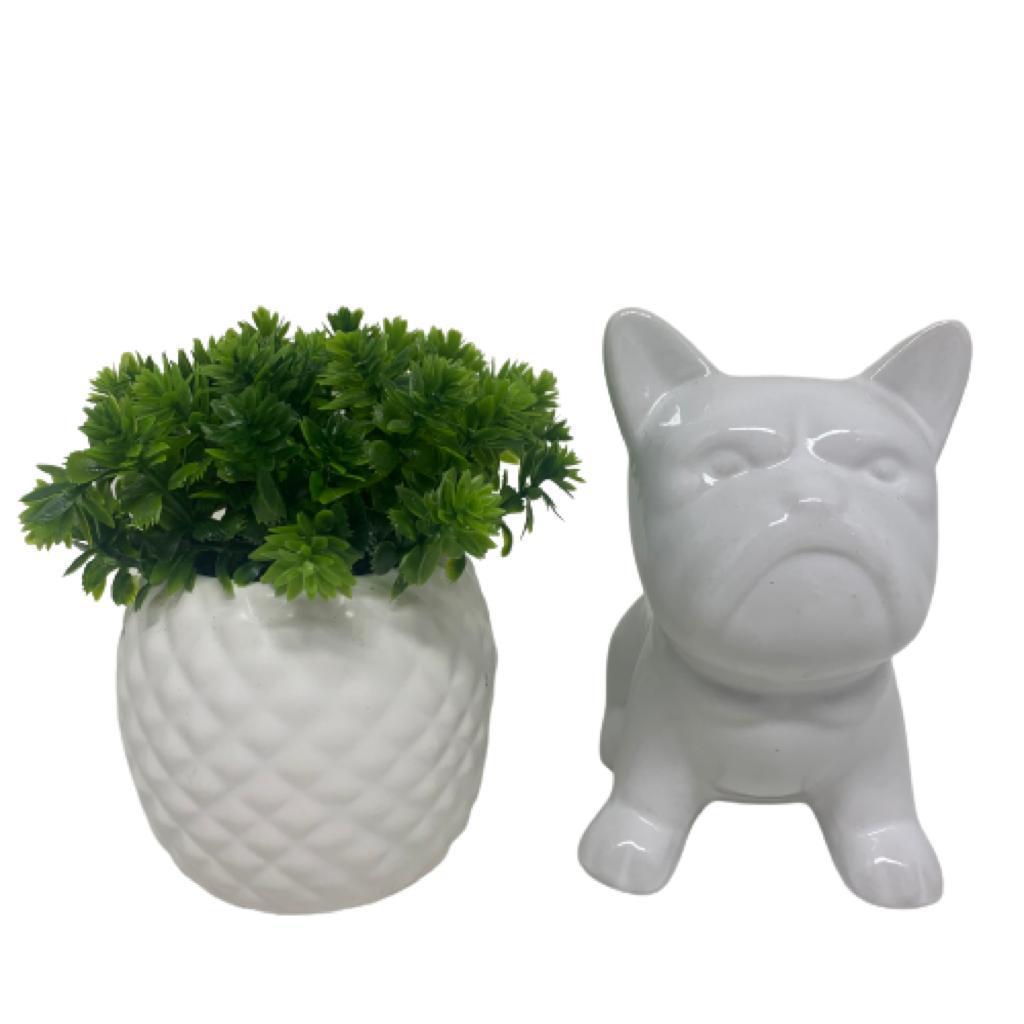 Kit decorativo vaso trabalhado e bulldog grande branco