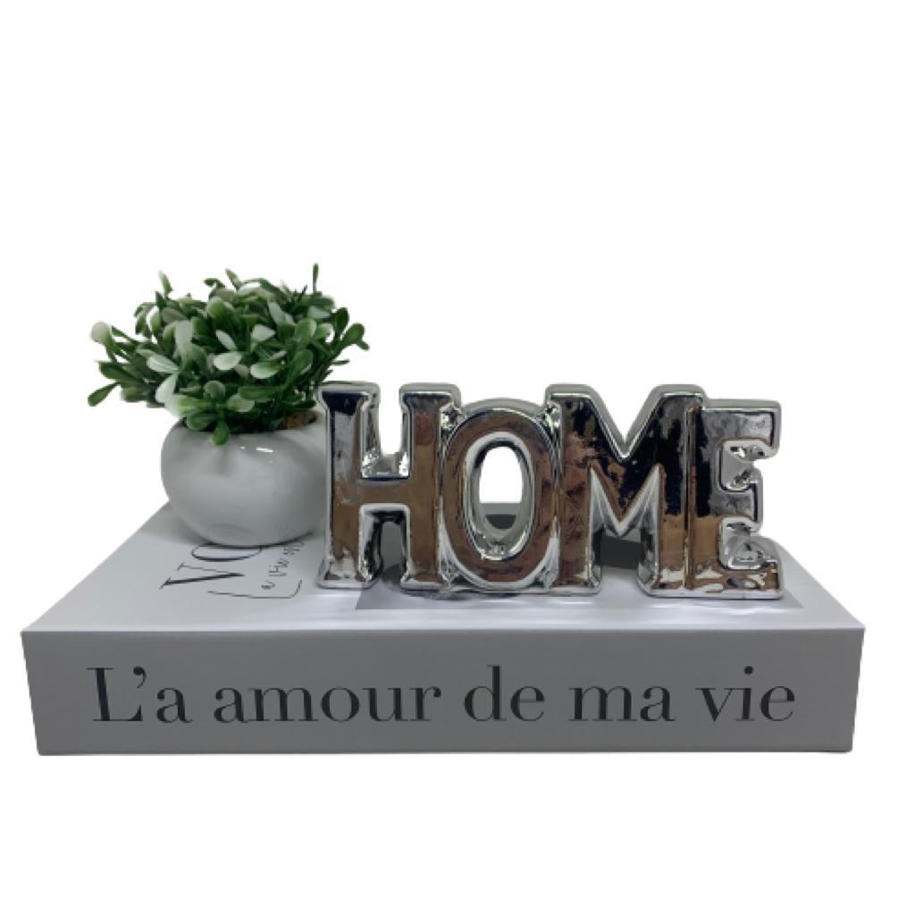 kit livro decorativo, mini vaso de cerâmica e palavra HOME