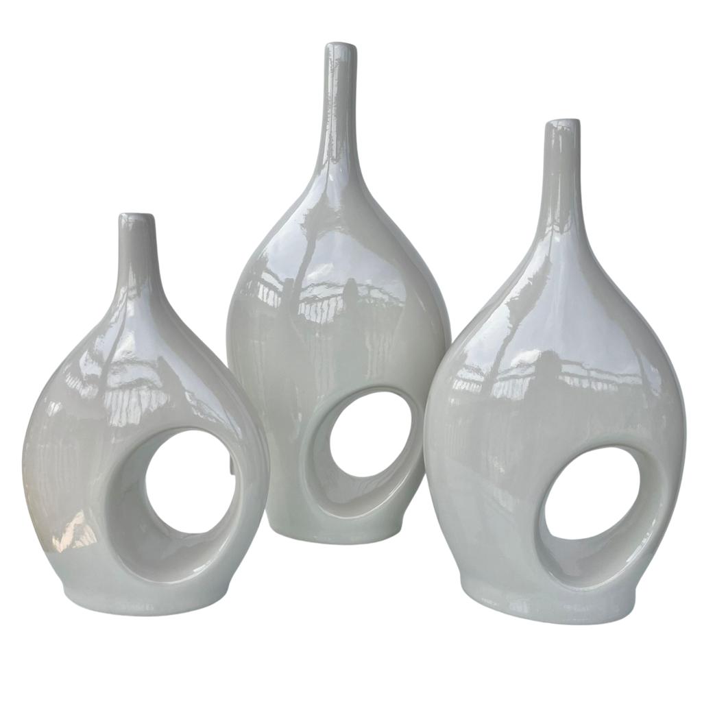 Trio vaso garrafa ornamento vazado cor areia em cerâmica