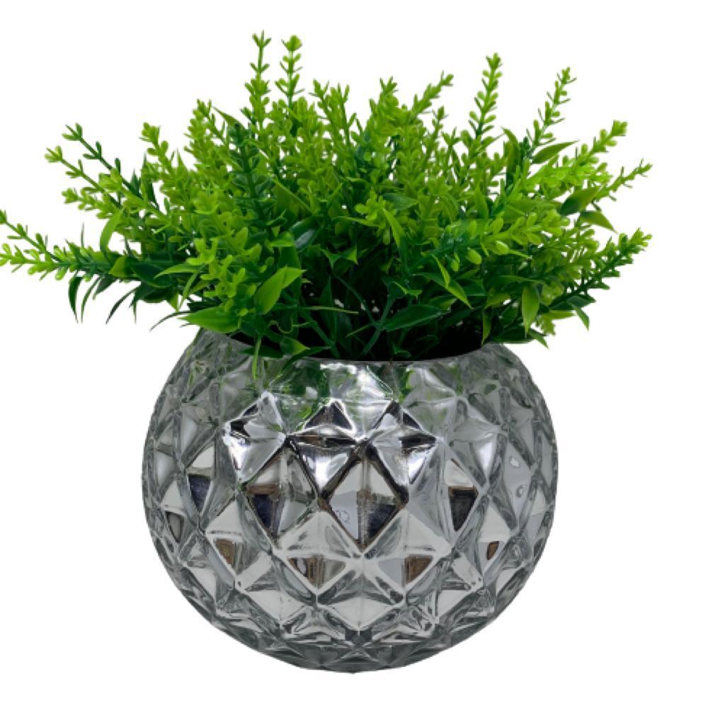 Vaso centro de mesa prata 3D médio com planta artificial