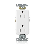 Leviton® Decora® Plus TDR15-W TDR15 Duplex Heavy Duty Self-Grounding Smooth Face Tamper-Resistant Straight Blade Receptacle, 125 VAC, 15 A, 2 Poles, 3 Wires, White