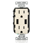 Leviton® Decora® T5632-T Duplex Tamper-Resistant Receptacle and USB Charger, 15 A/125 VAC/0.5 hp, 2 Poles, 3 Wires, Light Almond