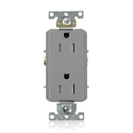 Leviton® Decora® Plus TDR15-GY TDR15 Duplex Heavy Duty Self-Grounding Smooth Face Tamper-Resistant Straight Blade Receptacle, 125 VAC, 15 A, 2 Poles, 3 Wires, Gray
