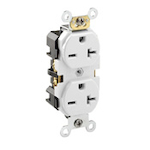 Leviton® 5462-W Duplex Heavy Duty Self-Grounding Straight Blade Receptacle, 250 VAC, 20 A, 2 Poles, 3 Wires, White