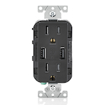 Leviton® T5632-E Grounding Tamper-Resistant Receptacle and USB Charger, 15 A, 125 VAC, 0.5 hp, 2 Poles, 3 Wires, Black