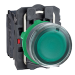 Schneider Electric Harmony™ Square D™ XB5AW33G5 Illuminated Pushbutton With Plain Lens, 22 mm, 1NC-1NO Contact, Flush/Spring Return/Unmarked Operator, Green