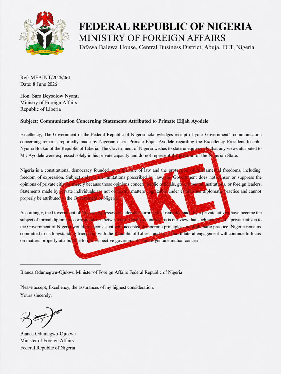 Fact Check: Nigeria Refutes Purported Response Letter to Liberia, Describes Document as Fake