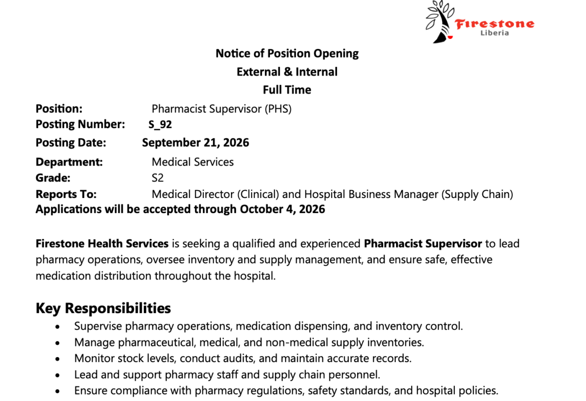 Pharmacist Supervisor (PHS) Needed – Liberia news The New Dawn Liberia, premier resource for latest news