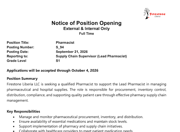 Pharmacist needed – Liberia news The New Dawn Liberia, premier resource for latest news