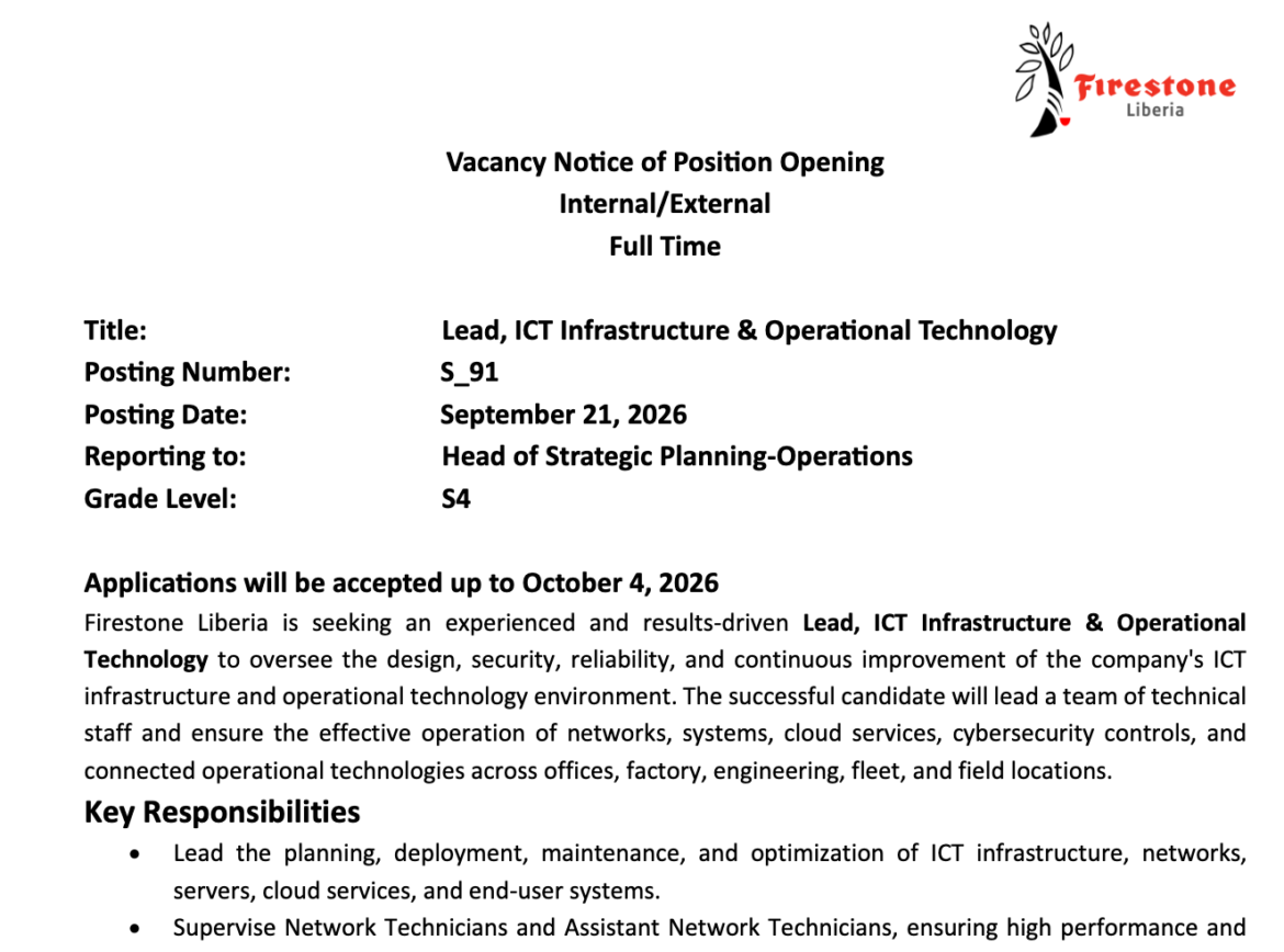Lead, ICT Infrastructure & Operational Technology