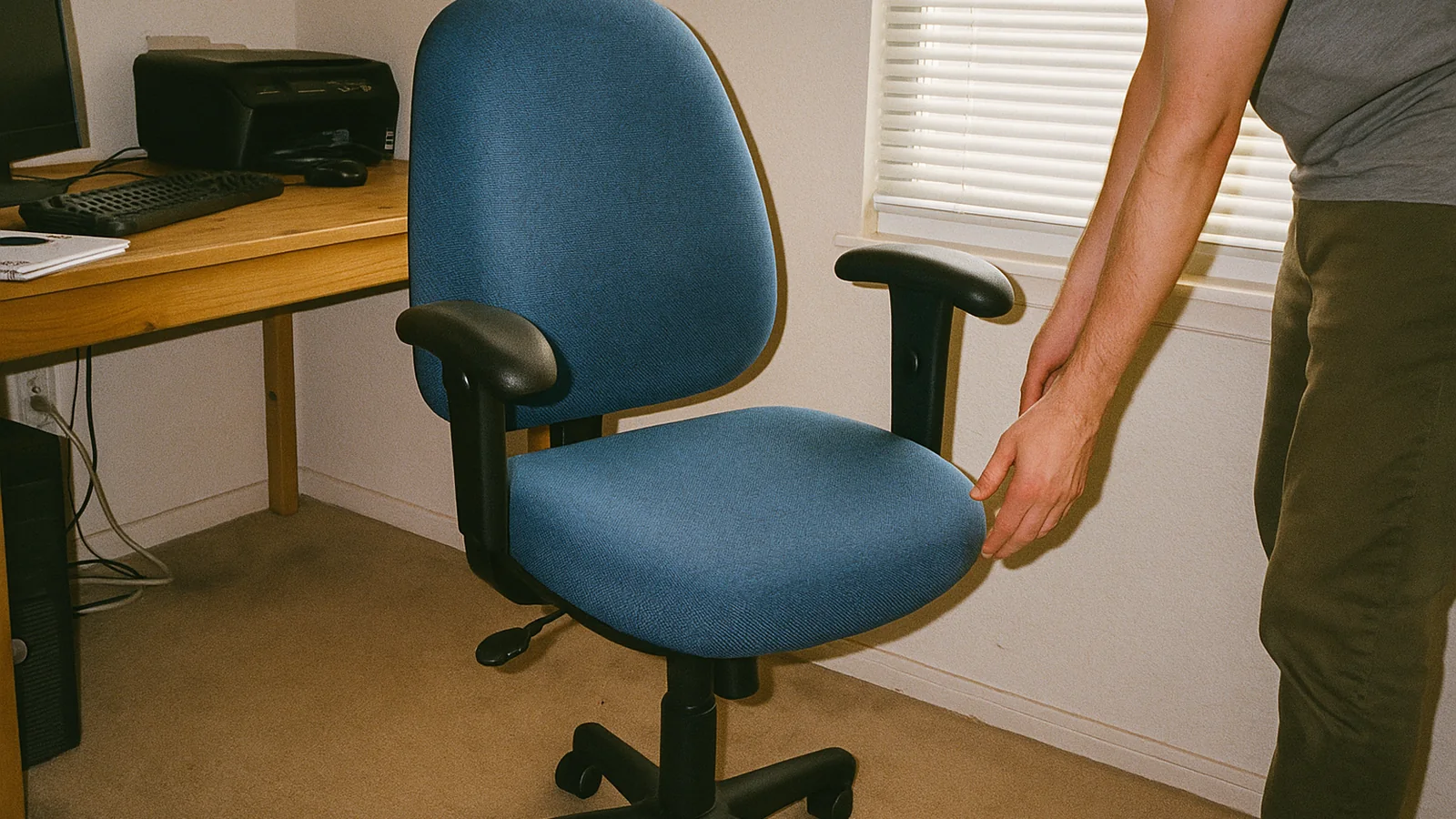 Blue ergonomic office chair in a lived-in home office