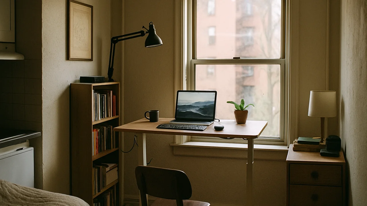 Tape measure and notebook beside a compact L-shaped desk