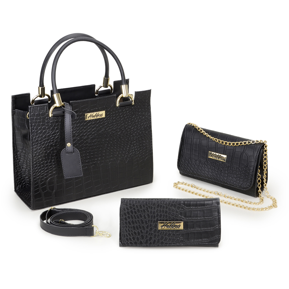 Kit Bolsa Castelo Media Haldrys com Clutch Pequena Alça Corrente Carteira Croco