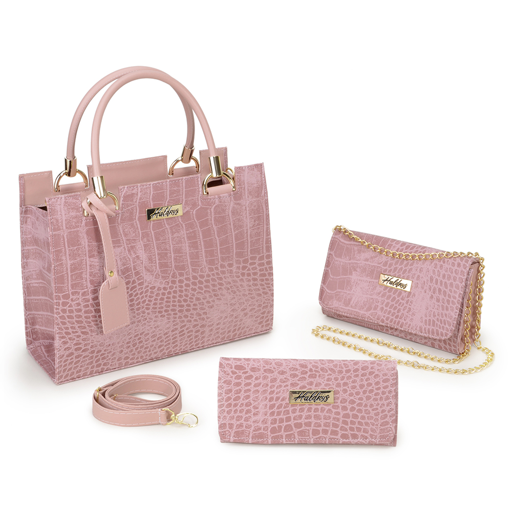 Kit Bolsa Castelo Media Haldrys com Clutch Pequena Alça Corrente Carteira Croco