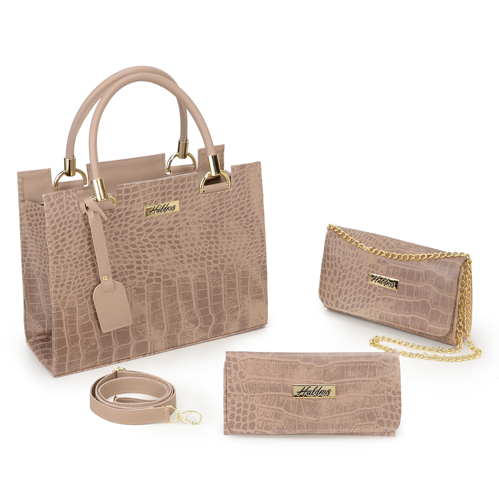 Kit Bolsa Castelo Media Haldrys com Clutch Pequena Alça Corrente Carteira Croco