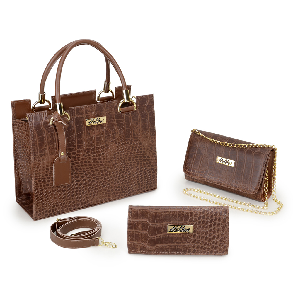 Kit Bolsa Castelo Media Haldrys com Clutch Pequena Alça Corrente Carteira Croco