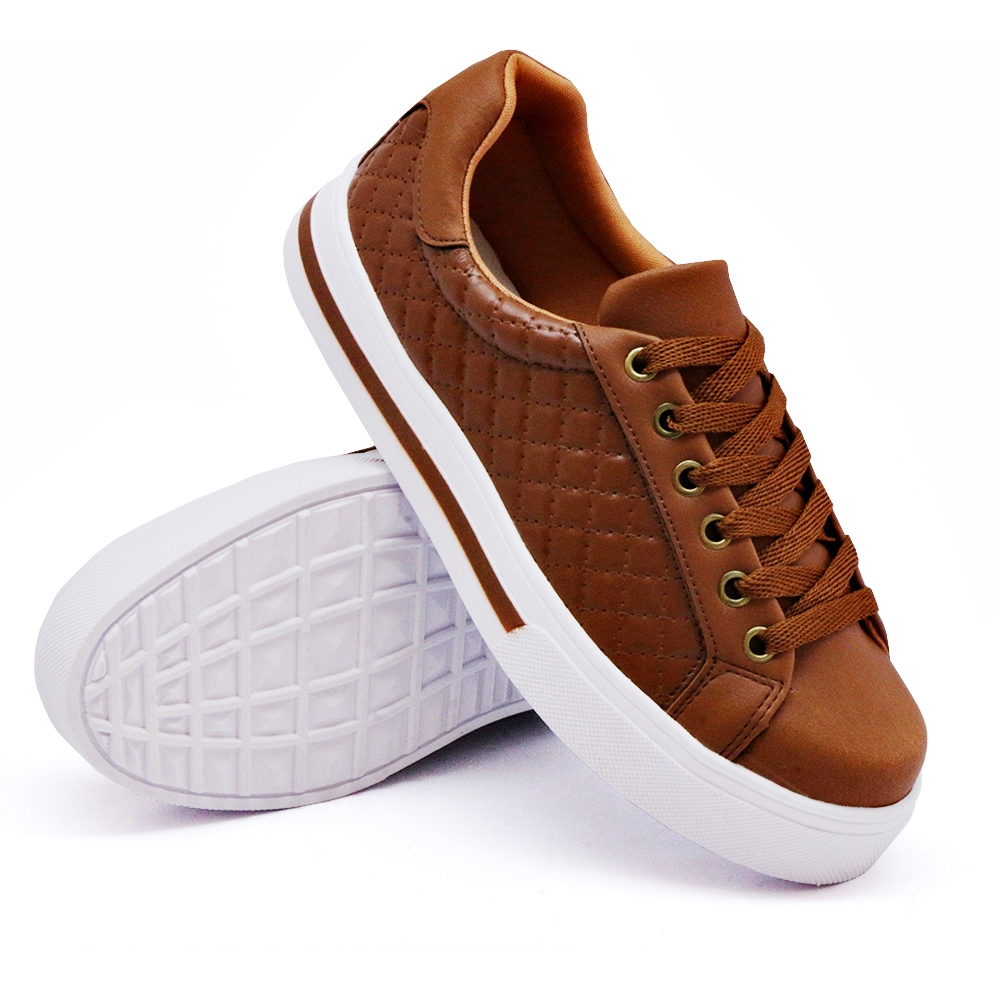 Tênis Casual Feminino com Cadarço e Matelasse Dk Shoes Caramelo