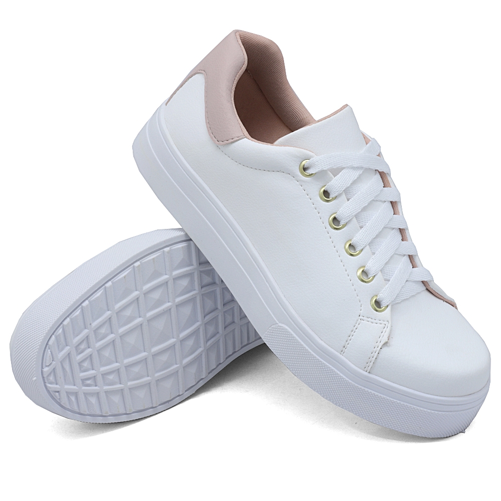 Tênis Casual Feminino Dk Shoes Basico com Cadarço Detalhe Traseiro  Branco