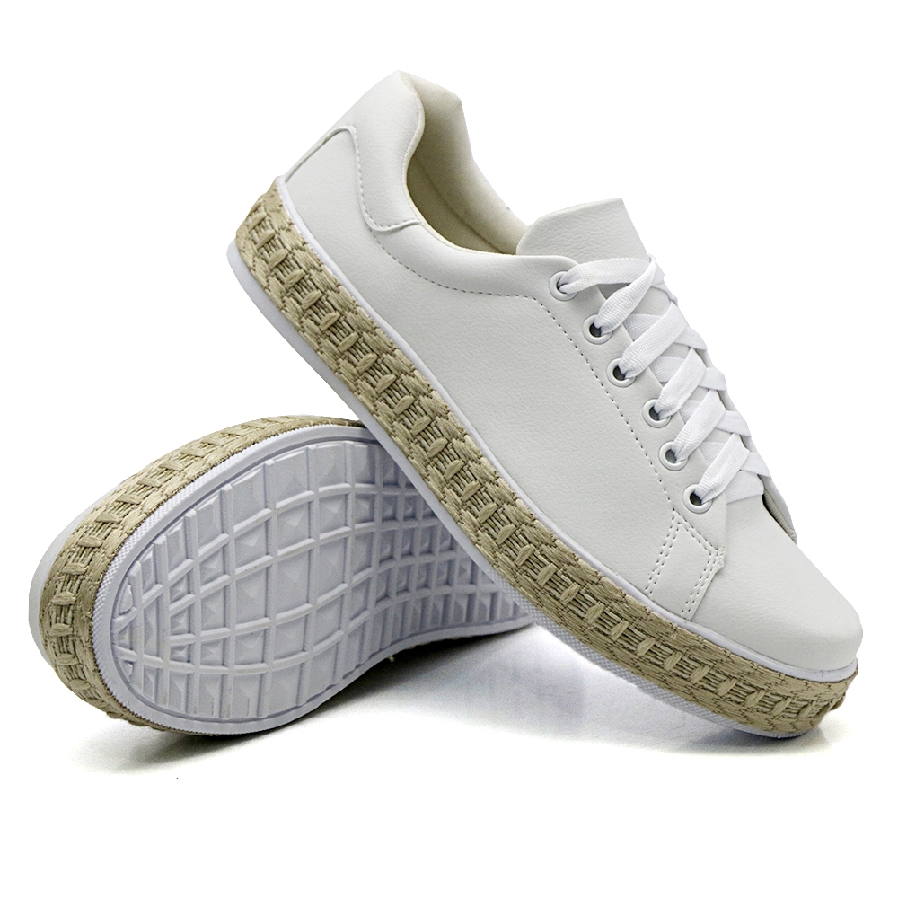 Tênis Casual Feminino Dk Shoes Cadarço com Detalhe em Sisal Branco