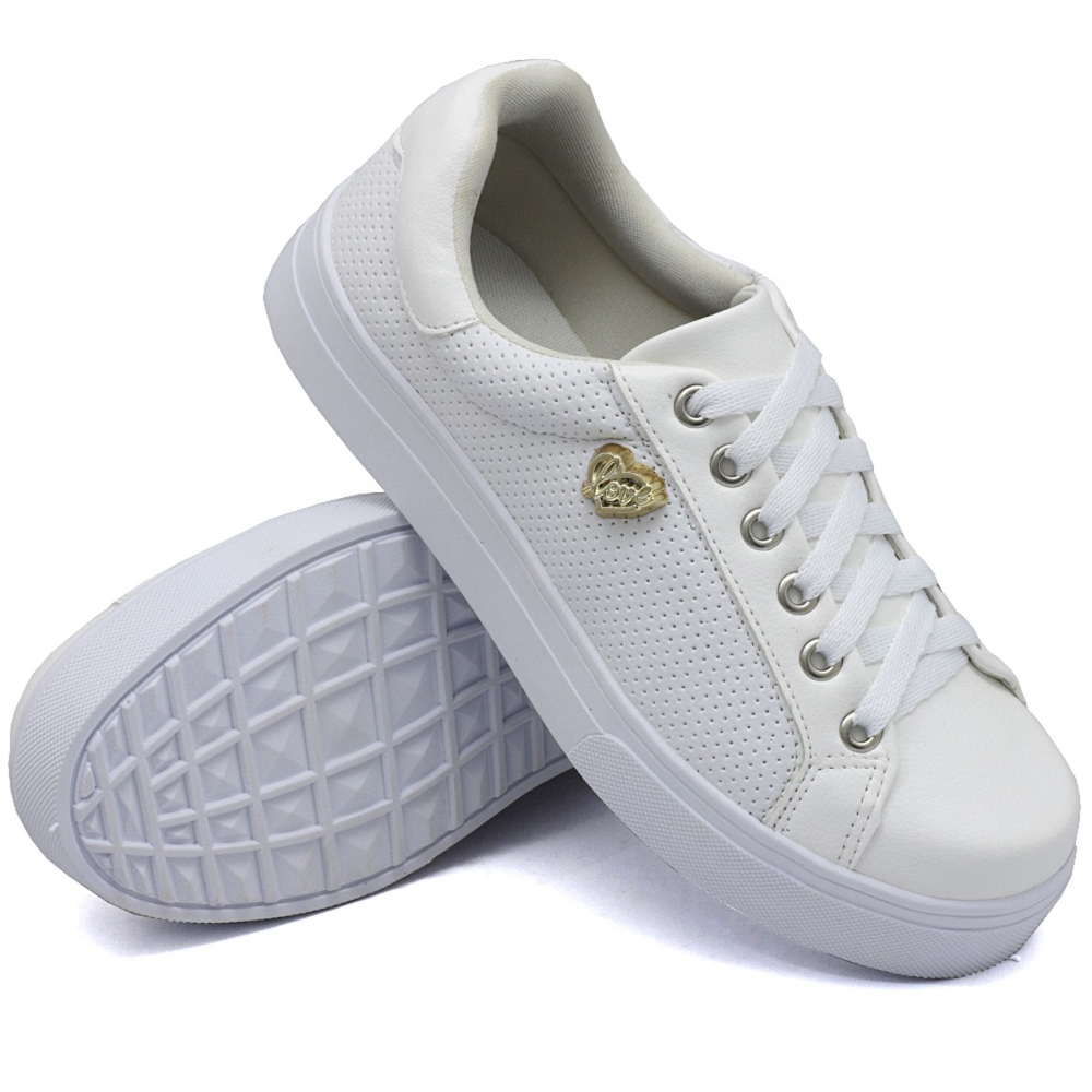 Tênis Casual Feminino Love Dk Shoes com Cadarço Sola Reta  Branco