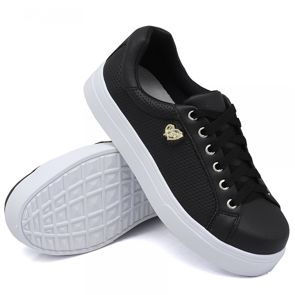 Tênis Casual Feminino Love Dk Shoes com Cadarço Sola Reta  Preto