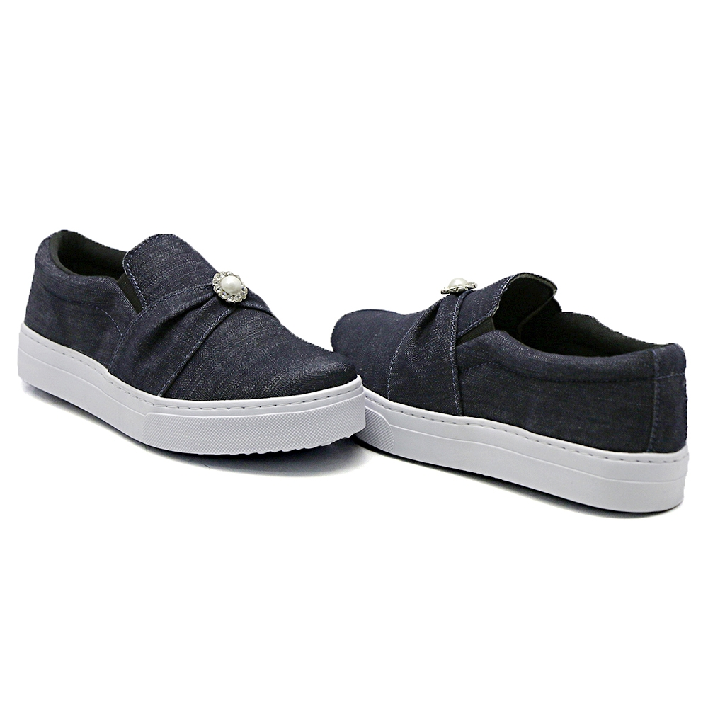 Tênis Slip On Feminino Casual Dk Shoes com Elástico e Pedraria Azul