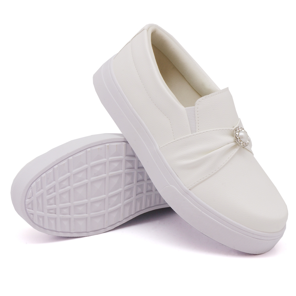 Tênis Slip On Feminino Casual Dk Shoes com Elástico e Pedraria Branco