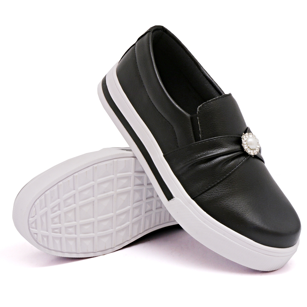 Tênis Slip On Feminino Casual Dk Shoes Elástico e Pedraria Preto