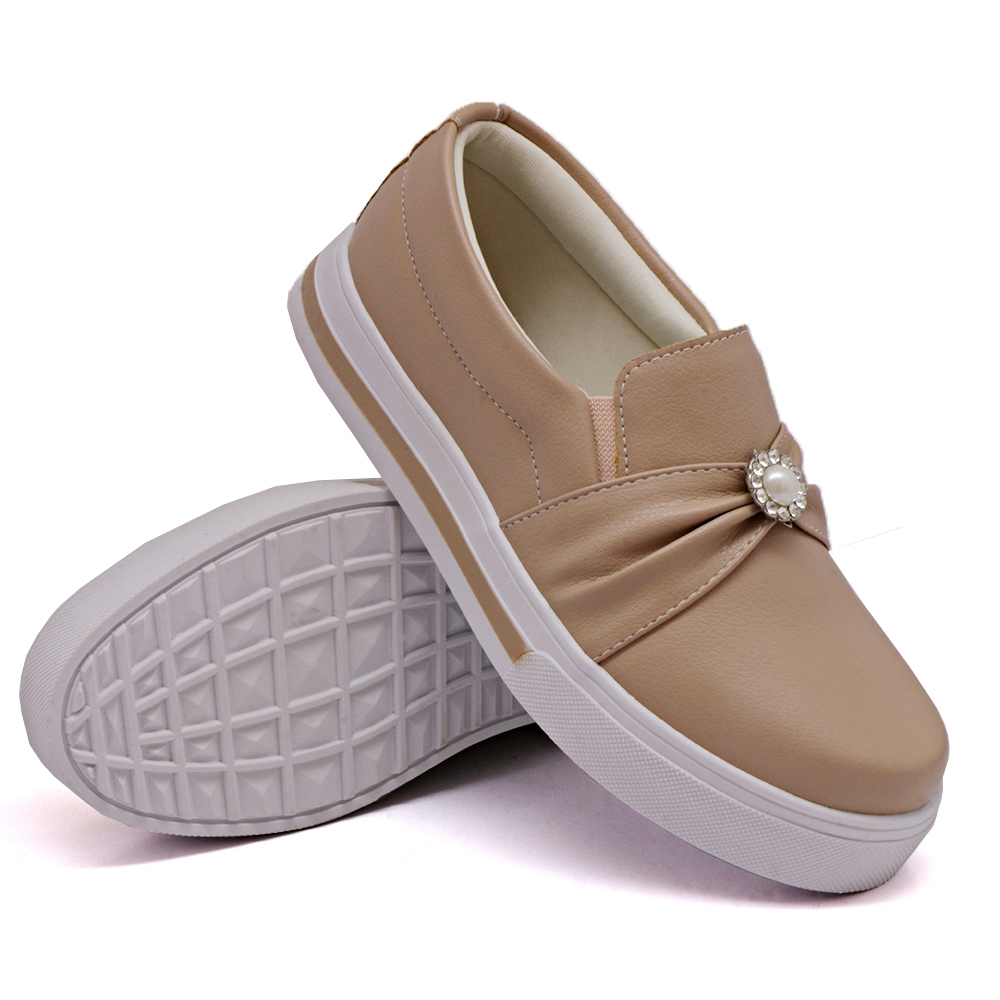 Tênis Slip On Feminino Casual Dk Shoes Elástico e Pedraria Rosê