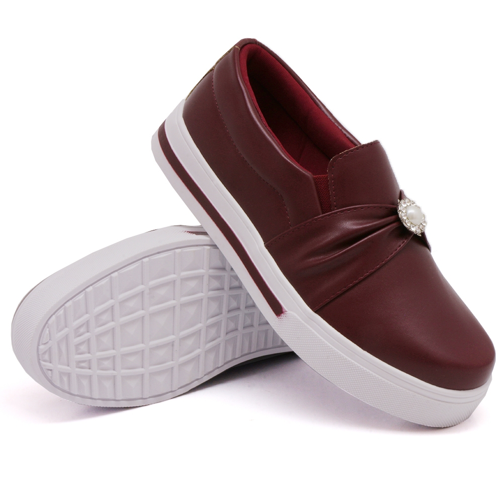 Tênis Slip On Feminino Casual Dk Shoes Elástico e Pedraria Vinho