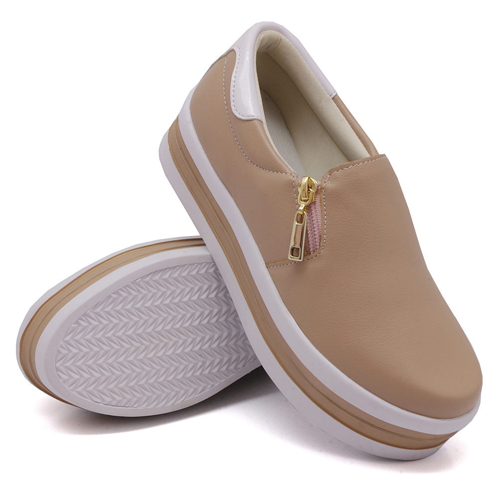 Tênis Slip On Feminino com Zíper Dk Shoes Bege